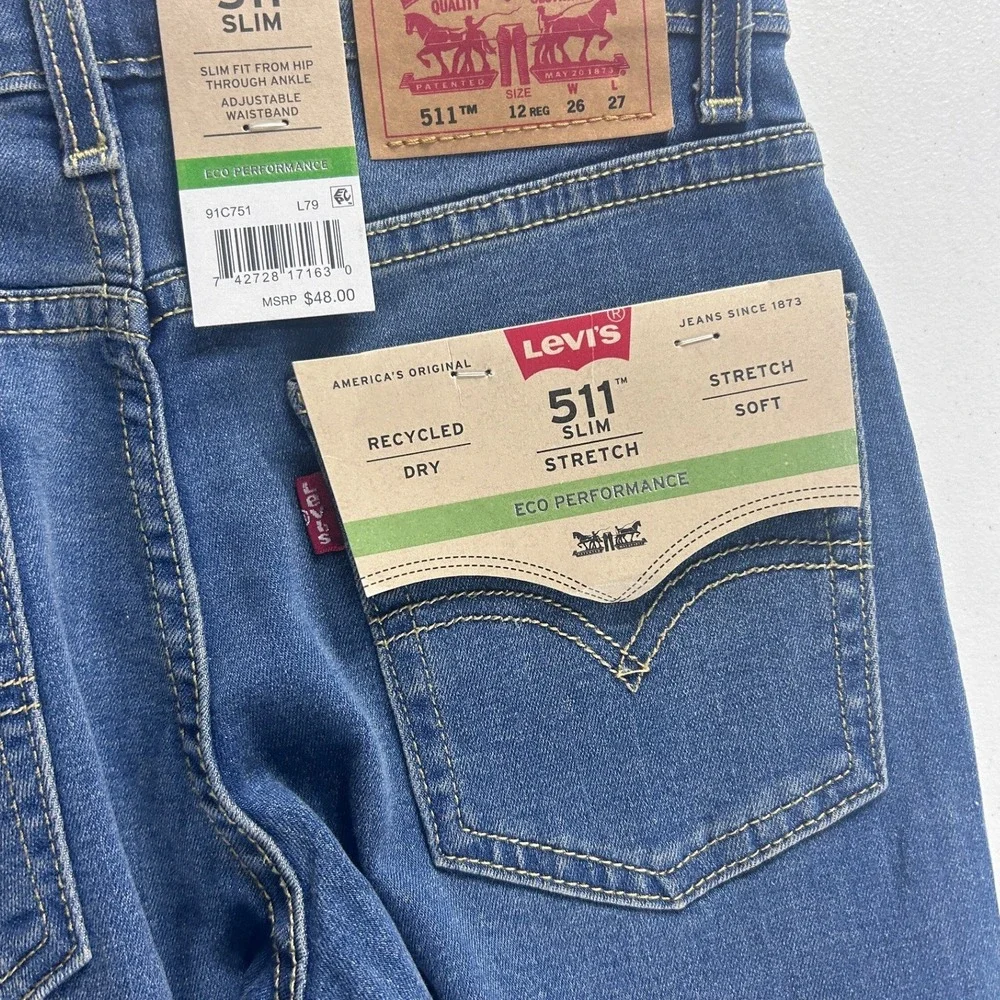Levis 511‎ Slim Boys Jeans Size 12 Reg 26x27 Medium Wash Adjustable Waist NEW